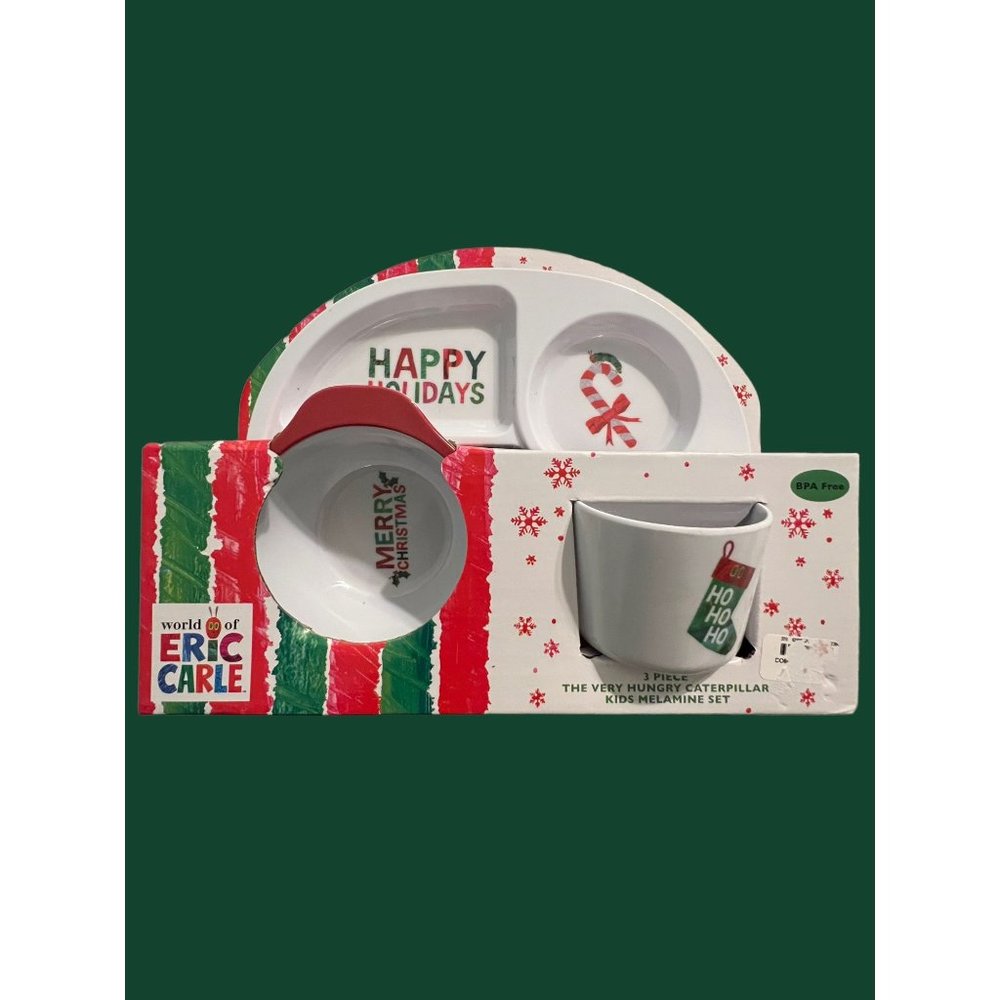 World of Eric Carle Very Hungry Caterpillar 3 Piece Christmas Melamine Set NEW